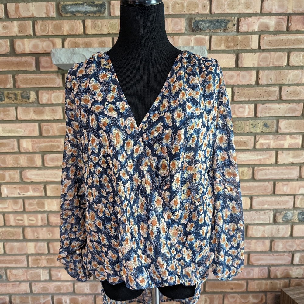 Love Stitch Sheer Navy Blue Floral Blouse, M